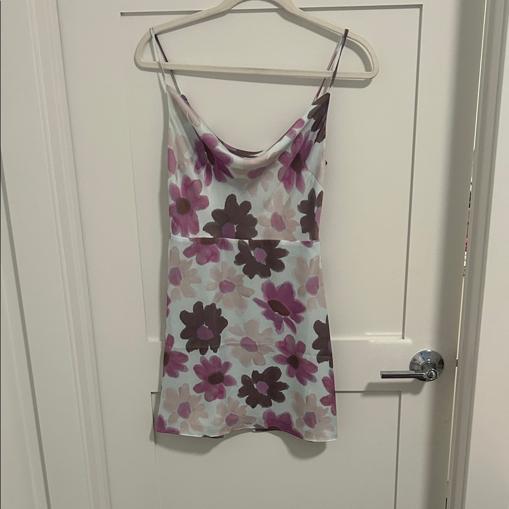 Sunday Best Floral Satin Slip Dress with Purple and Pink Flowers